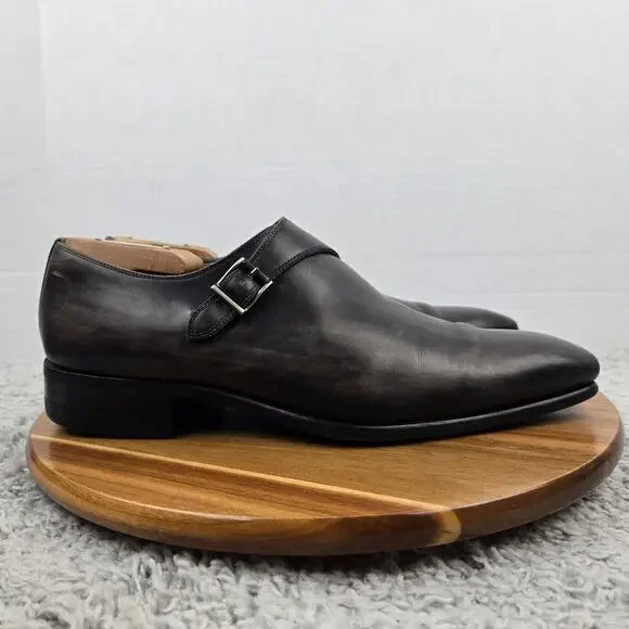 Magnanni Saks Fifth Avenue Men 9M Efren Gray Patina Monk Strap Loafer Dress Shoe